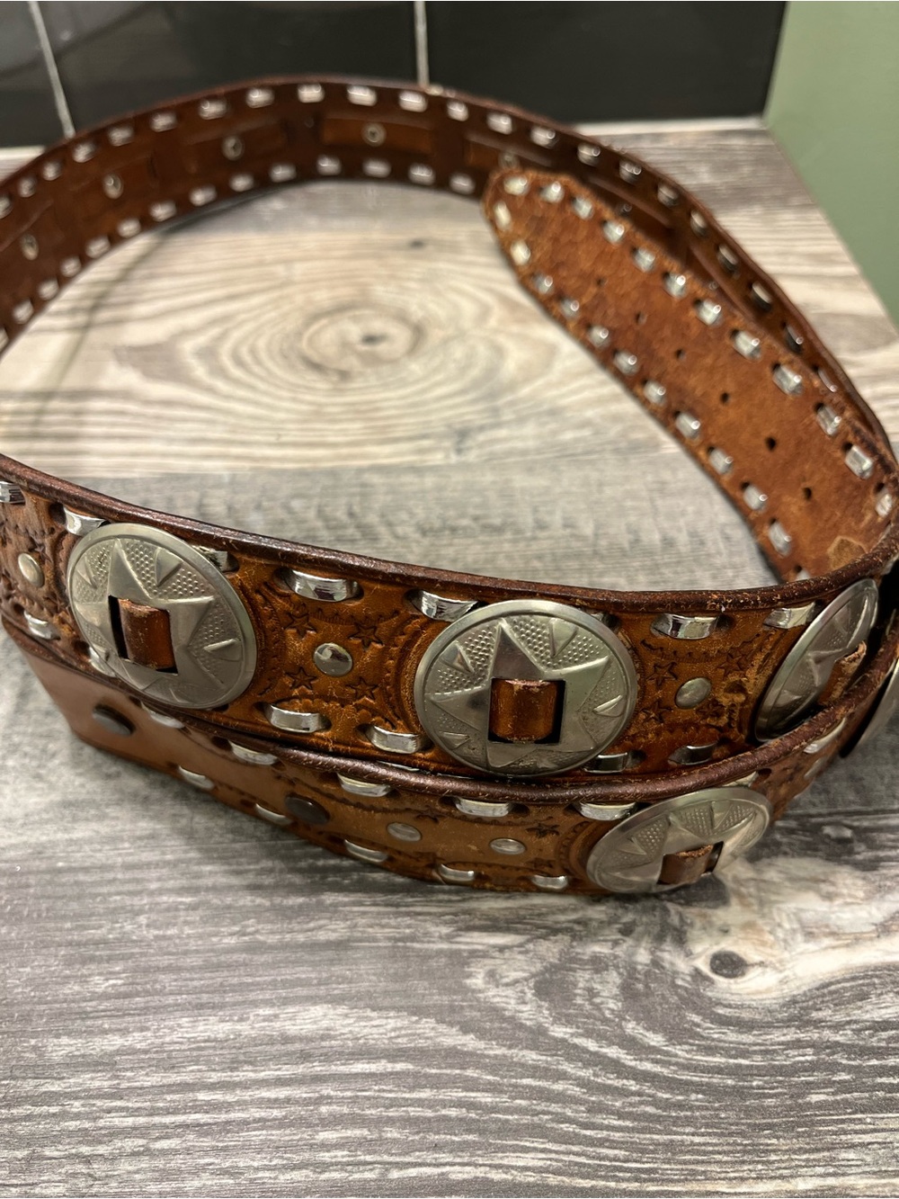 Brown Studded Western Leather Belt with Concho Accents